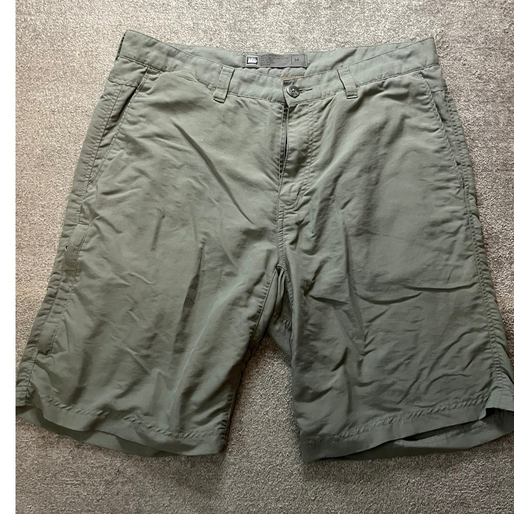 REI Co-op Mens Hiking Shorts Size 34 Olive Green Nylon Lightweight Army Green